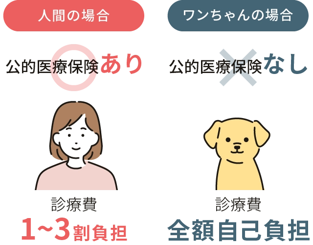 人間の場合公的医療保険制度あり、自己負担1～3割、ワンちゃんの場合公的医療保険制度なし、全額自己負担